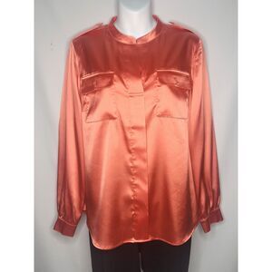 Anne Klein Soft Coral Satin Woven Top Stand Collar Epaulets NWT Size S
